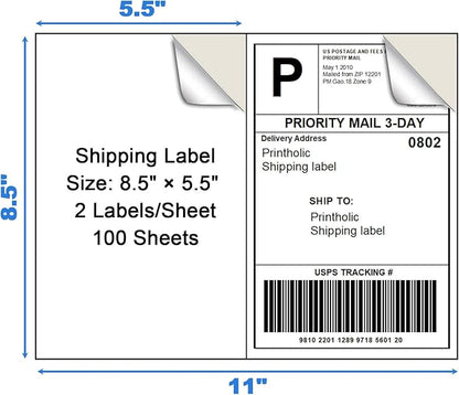 200 Half Sheet Self Adhesive Shipping Labels 8.5" x 5.5" Address Labels for Laser & Inkjet Printers - 100 Sheets, 2 Half Sheet Labels Per Page