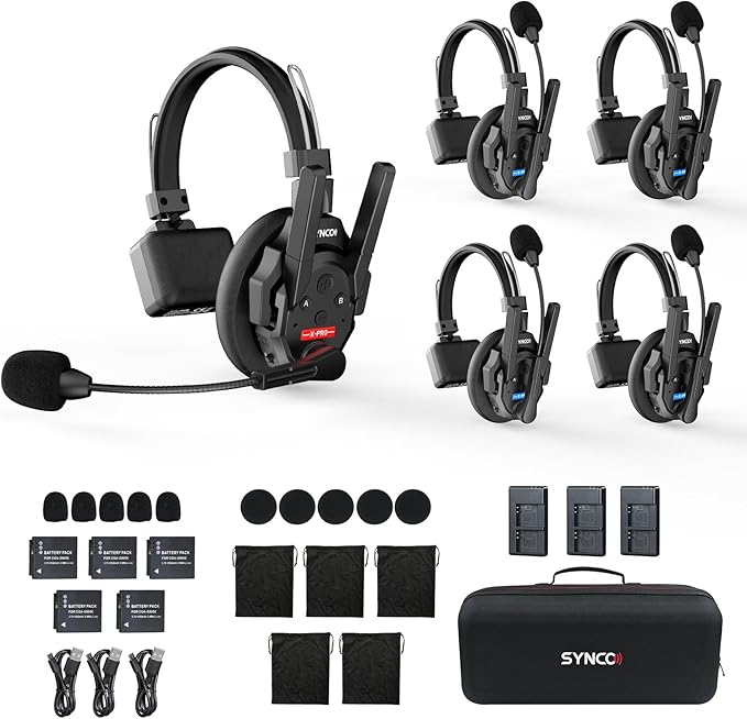 SYNCO XTALK XPRO5 Wireless Intercom Headset System, 500m/1640ft 2.4GHz Communication Headsets for 5 Person with Noise Reduction Film Documentary TV Production, Xtalk-Xpro-X5-headset-intercom