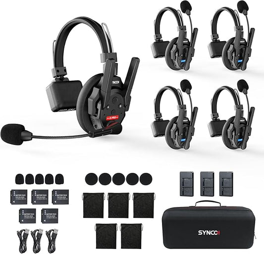 SYNCO XTALK XPRO5 Wireless Intercom Headset System, 500m/1640ft 2.4GHz Communication Headsets for 5 Person with Noise Reduction Film Documentary TV Production, Xtalk-Xpro-X5-headset-intercom