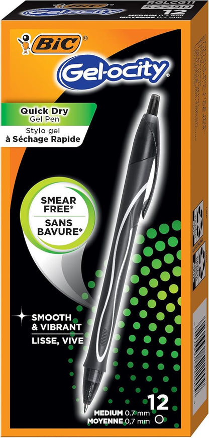 BIC Gel-Ocity Quick Dry Gel Pens, Medium Point Retractable (0.7mm), Black Ink Gel Pen, 12-Count- Pack of 18