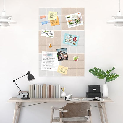 Smarpau 48"x36" Felt Bulletin Boards Felt Wall Tiles 12 Pack Large Corkboard Cork Bulletin with Removable Adhesive Tabs Square Cork Wall Tiles for Office Home Classroom Deep Camel