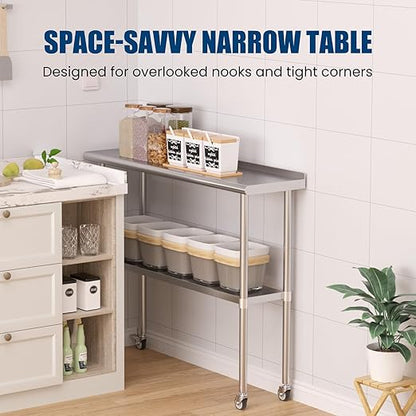Stainless Steel Table with Wheels 14 x 48 Inches Metal Prep Table with Backsplash & Caster, Adjustable Undershelf for Commercial Kitchen, Outdoor, Restaurant, Hotel & Garage