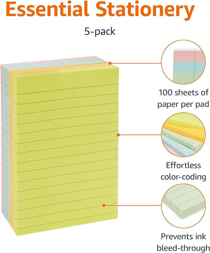 Amazon Basics Sticky Note Pads, Lined, 4x6, Rectangular, Assorted Colors, Pack of 5
