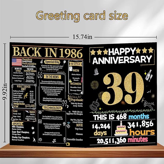Joycard 39th Anniversary Card for Women Men, Gold Wedding Card for Wife Husband, Sweet Marriage Decorations Gifts for Couple, Perfect for Her Him on Anniversary Day, Back in 1986