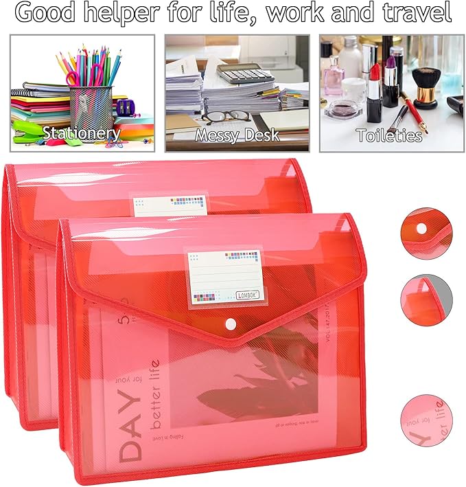 YoeeJob Plastic File Folders Legal Size 2 Pcs, Expandable Document Folder with Snap Button Closure, A4 Expanding File Wallet Envelopes Pouch with Label Pocket, Red
