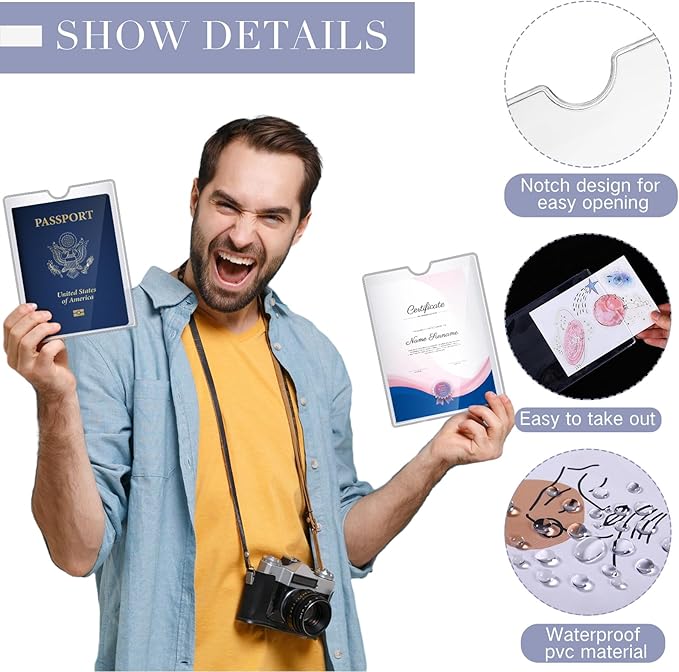 Patelai 50 Pcs 4 x 6 Passport Holder with Thumb Notch PVC Plastic Cash Budget Envelopes,clear File Envelopes Bulk,holds up to 30 Sheets, for Office Travel Storage