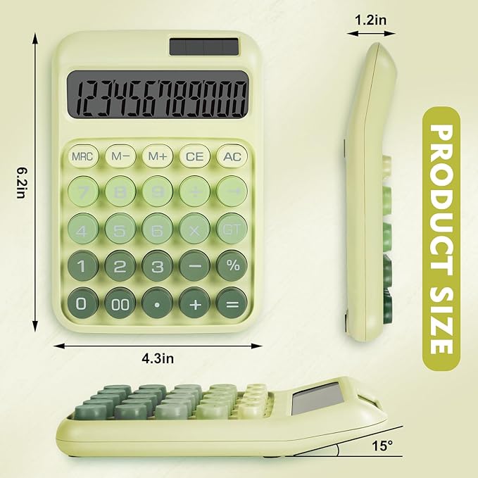 Mechanical Switch Calculator with Big Buttons, Calculators Desktop, 12 Digits, Solar Battery Power, Desk Calculator, Large LCD Display, Cute Green Calculator for Teachers Students Basic Office