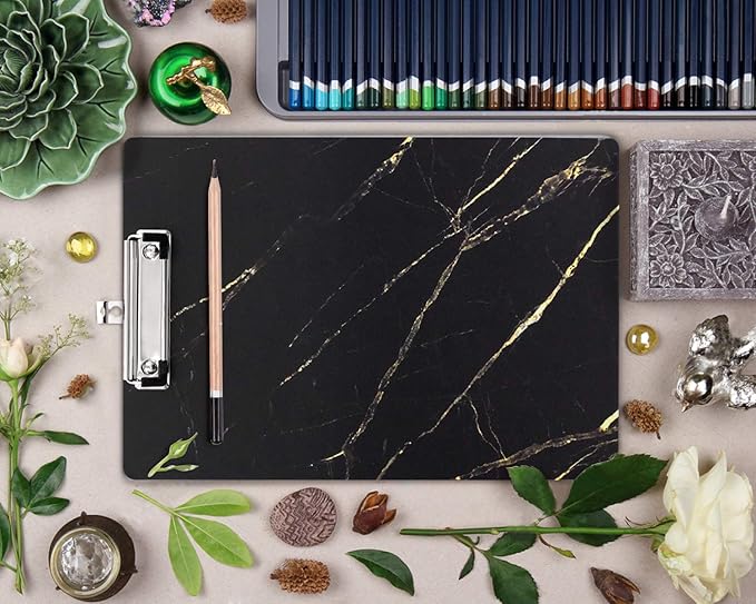 WAVEYU Hardboard Office Clipboard, Decorative Clipboard with Low Profile Clip Chic Marble Design for Students Classroom School and Office Use, Black (12.5"x9")