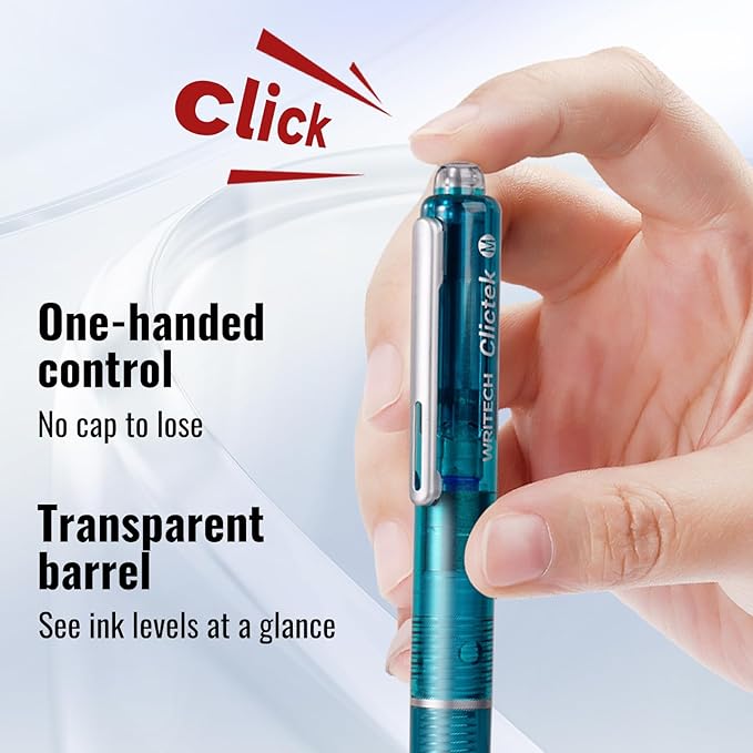 WRITECH Clictek Fountain Pen Set: Retractable Style Blue Ink Medium Nib Transparent Barrel, Includes 5 Ink Cartridges for Gift Set, Smooth Writing No Leaking