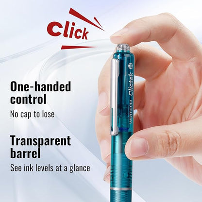 WRITECH Clictek Fountain Pen Set: Retractable Style Blue Ink Medium Nib Transparent Barrel, Includes 5 Ink Cartridges for Gift Set, Smooth Writing No Leaking