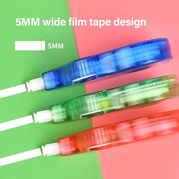 White Correction Tape, Easy To Use Applicator for Instant Corrections Wrong Writing At Any Time, For school, Office (9-pack, 5M/196" x 0.2"in, Red, Green, Blue)