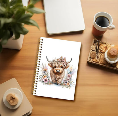 Floral Highland Cow Notebook - Western Notebook, Cow Notebook, Highland Cow Office Supplies, Highland Cow Gifts, Cute Highland Cow Stuff, Farmhouse Highland Cows Spiral Notebook 5.5x8.3