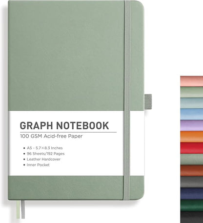RETTACY Graph Paper Notebook, A5 Grid Notebook Journal with 192 Pages, 5.7'' × 8.3'', Medium Size, Leather Hardcover, 100 GSM Thick Paper, for Students, Homework, Math, Engineering (Sage Green)