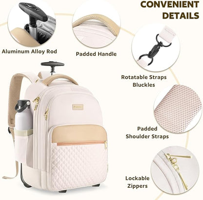 Rolling Backpack For Adults With Wheels, 40L Wheeled Backpack For Women, Travel Roller Backpack, Carry On Luggage, Rolling Bag, Beige