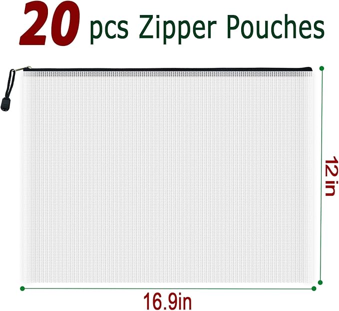 AUSTARK 20 Pcs Zipper File Bags, Plastic Mesh Pouch, Board Game Storage Bag, Waterproof Bags for Office School (A3 Size 16.9''x12'', White and Black)