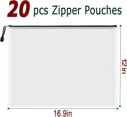 AUSTARK 20 Pcs Zipper File Bags, Plastic Mesh Pouch, Board Game Storage Bag, Waterproof Bags for Office School (A3 Size 16.9''x12'', White and Black)