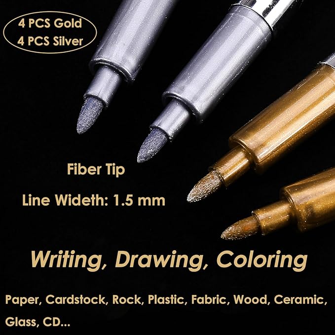 Dyvicl Metallic Markers Pens - Silver and Gold Paint Pens for Black Paper, Glass, Rock Painting, Halloween Pumpkin, Card Making, Scrapbook Album, Christmas DIY Art Craft Kid, Set of 8