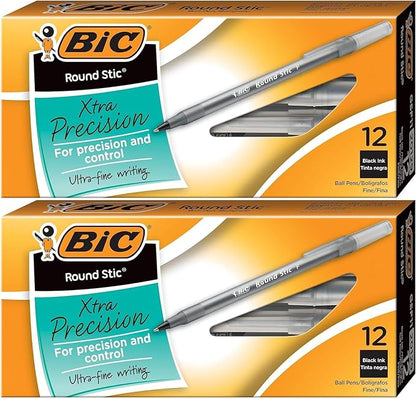 BIC Round Stic Xtra Precision Ball Point Pen, Black, 12 Pack- Pack of 2