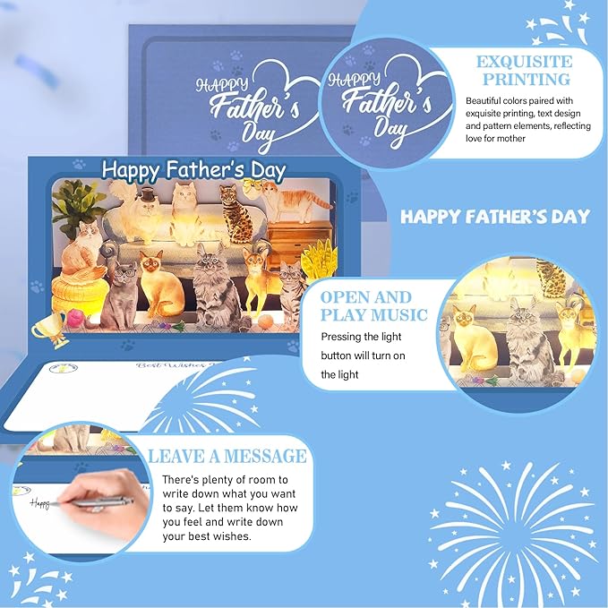 4D Pop Up Fathers Day Card with lights, Cat Father's Day Card For DAD, Living Room, Cat Themed (Cat Father's Day Card)