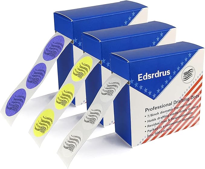 3 Pack Drafting Dots 7/8” Diameter, Low Tack, Easy Removal, Pre-Cut Drafting Tape Dots for Tracing, Drawing, Positioning, Roll of 500 Dots Per Box (Multicolored)