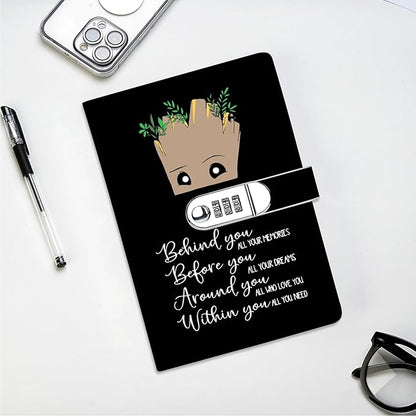 Funny Groot Gifts Leather Combination Lock Notebook Always Remember You’re Braver Than You Believe Leather Locked Journal Notebook Birthday Gifts for Daughter Son (behind you)