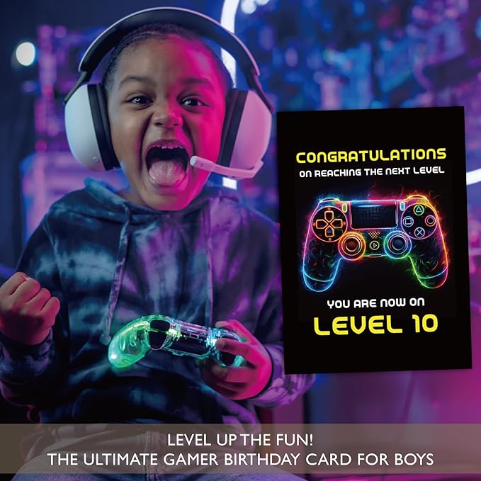 Gooji 5x7 Gamer Birthday Card for Boys and Girls - Level-Up Design for Ages 9, 10, 11, 12 - Perfect Gaming Party Greeting Card (9Y)