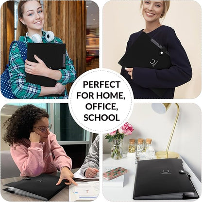 SKYDUE File Folder with 8 Labels, 5 Pockets Accordion Paper Organizer for School and Office，A4 Letter Size，Black