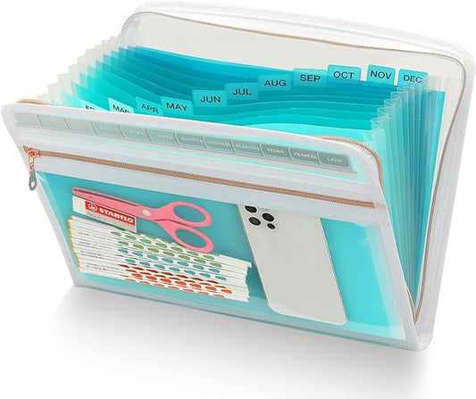 H4D 13 Pocket Expanding File Folder Organizer with Front Clear Pounch, Accordion File Organizer with Zipper Clourse, Fit for Letter Size Papers, Teal