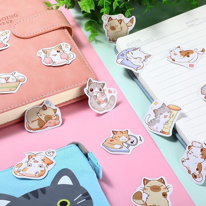 Outus Cat Office Supplies Cute Sticky Notes Paper Clips Gel Ink Pens Cartoon Stickers Party Favor for Cat Lovers Stationery School Office Supplies Desk Accessories(Vivid Style)