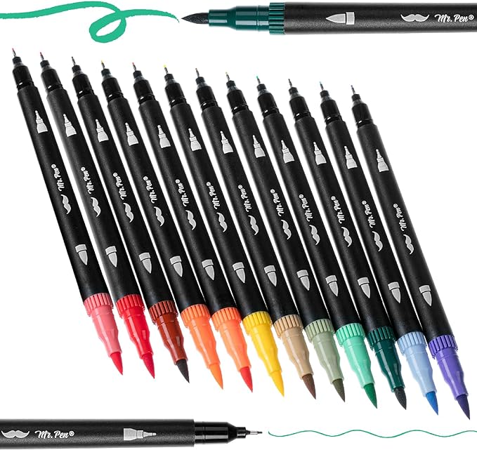 Mr. Pen- Dual Tip Brush Pens, 12 pcs, Morandi & Vintage, Adult Coloring Markers, Brush Tip Markers, Dual Tip Markers, Art Markers for Adults, Coloring Markers for Adults, Brush Markers