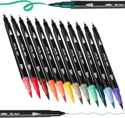 Mr. Pen- Dual Tip Brush Pens, 12 pcs, Morandi & Vintage, Adult Coloring Markers, Brush Tip Markers, Dual Tip Markers, Art Markers for Adults, Coloring Markers for Adults, Brush Markers