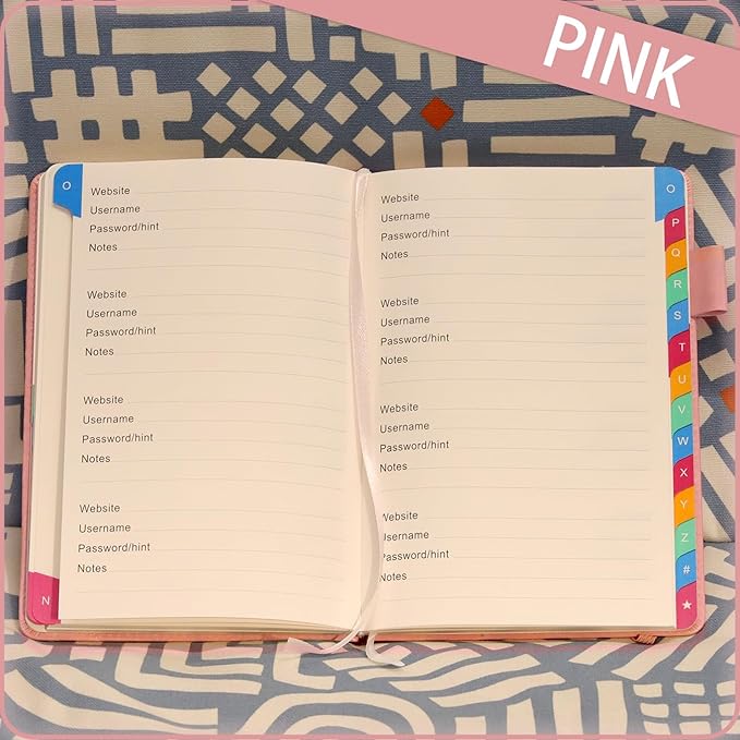 Password Keeper Book with Colorful Alphabetical Tabs, Hardcover Log Book for Internet Password and Website Address, Personal Organizer with Notes Section and Back Pocket and Two Bookmarks (Pink)