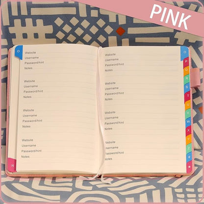 Password Keeper Book with Colorful Alphabetical Tabs, Hardcover Log Book for Internet Password and Website Address, Personal Organizer with Notes Section and Back Pocket and Two Bookmarks (Pink)