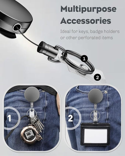 Uniclife 2 Pack Heavy Duty Metal Retractable Badge Reel for Badge Holder Retractable Keychain All Metal Casing with Stainless Steel Spring Coil 27.5" Nylon Rope Carabiner Belt Clip and Key Ring