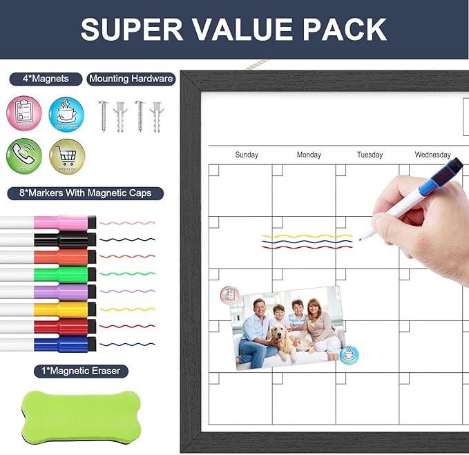 Dry Erase Calendar for Wall, 17x13 Inches Calendar Whiteboard for Wall, Small Magnetic White Board with Wood Frame, Hanging Dry Erase Board for Wall Planner Office Kitchen Home Memo