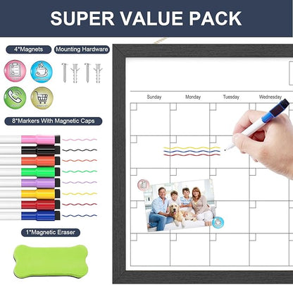 Dry Erase Calendar for Wall, 17x13 Inches Calendar Whiteboard for Wall, Small Magnetic White Board with Wood Frame, Hanging Dry Erase Board for Wall Planner Office Kitchen Home Memo