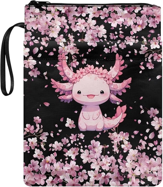 COEQINE Axolotl Flower Book Covers for Girls Large Capacity Book Sleeves Cover with Zipper Portable Book Cherry Blossom Book Pouch Case