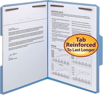 Smead Fastener File Folder, 2 Fasteners, Reinforced 1/3-Cut Tab, Letter Size, Kraft & Blue, 50 per Box