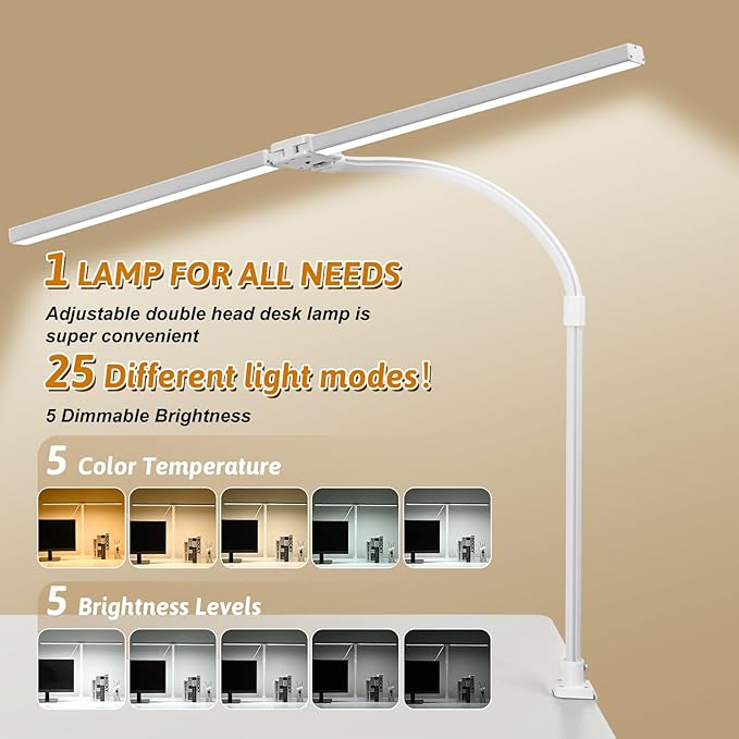 Double Head LED Desk Lamp with Anti-Glare Cover Tall Desk Lamps for Home Office 24W Brightest Computer Desk Light Office Lamp for Workbench Drafting Architect Study Reading with Clamp and Base