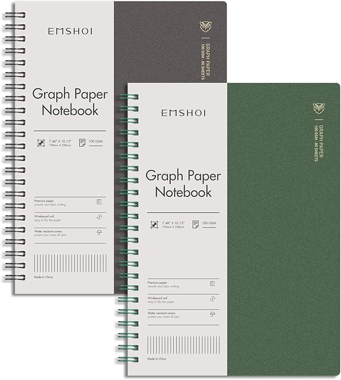 EMSHOI Graph Paper Spiral Notebook 7.48" x 10.15" - B5 Graph Paper Notebook, 2 Pack 320 Pages 100gsm Thick Grid Paper, Plastic Hardcover Journals for Writing Engineering Graphing Work School Supplies