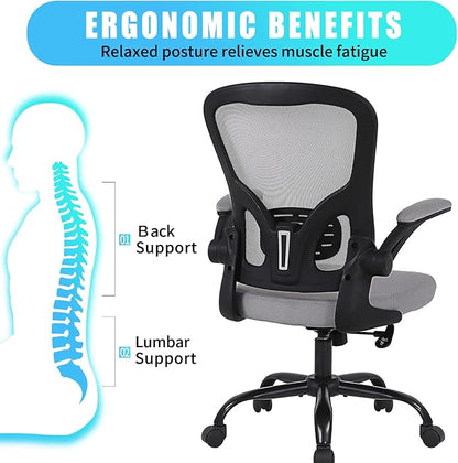 Flysky Ergonomic Office Desk Chair Breathable Mesh Swivel Computer Chair, Lumbar Back Support Task Chair, Grey Office Chairs with Flip-up Arms, Adjustable Height Executive Rolling Chair