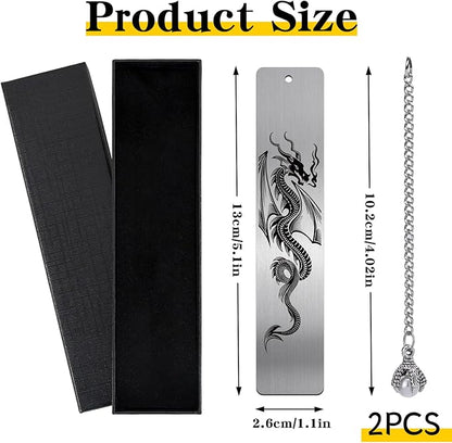 Dragon Metal Bookmark Gift - 2 PCs Cool Bookmarks for Reading Men Boys Fantasy Novel Dragon Lovers Readers Book Marks Pendant Bookish Students School Supplies Book Club Christmas Birthday