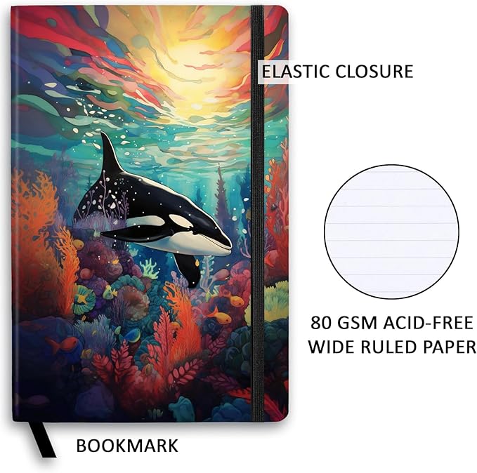 RICCO BELLO Wide Ruled Hardcover Diary Journal School Notebook for Kids, Tweens - Bookmark, Band Closure, Storage Pocket, 5.7 x 8.4 Inches, 192 Pages (Orca)