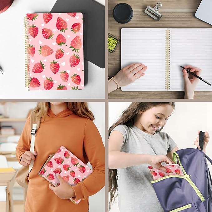 Cute Spiral Notebook journal A4 Aesthetic Pretty Design for Women Girls Kawaii with Pocket, 8.5 x 11 inch, Lined, Strawberry
