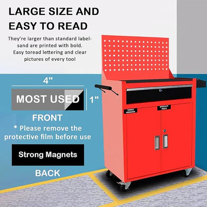 Tool Box Organization Magnetic Labels,Tool Chest Organizer Labels with Strong Magnets,Easy to Read Printing - Fits All Brands of Steel Tool Box Drawers (72 Pcs, 4 x 1 Inches)