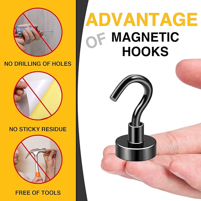 DIYMAG Magnetic Hooks for Refrigerator, Extra Strong Cruise Hook, Heavy Duty Earth Magnets with Hook for Hanging, Magnetic Hanger for Cabins, Grill (45P-Black)
