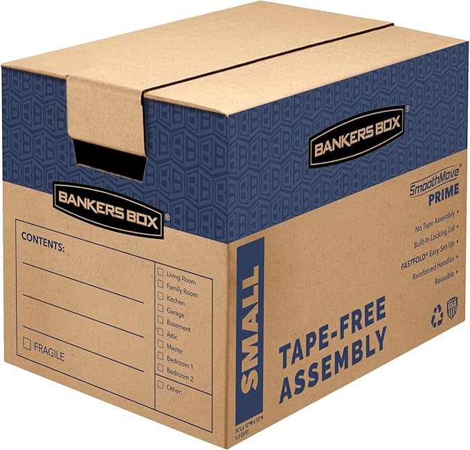 Bankers Box Small Prime Moving Box 10 Pack, Reinforced Handles, Tape-Free Assembly, Attached Lid, 16-in x 12-in x 12-in (0062716)