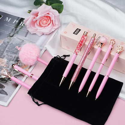 WEMATE 8Pcs Ballpoint Pens Set Metal Crystal Diamond Glitter for Journaling Pink Pen Bling in Black & Blue Ink Pretty Cute Fancy Gifts for Women Wedding School Office Desk(Pink)
