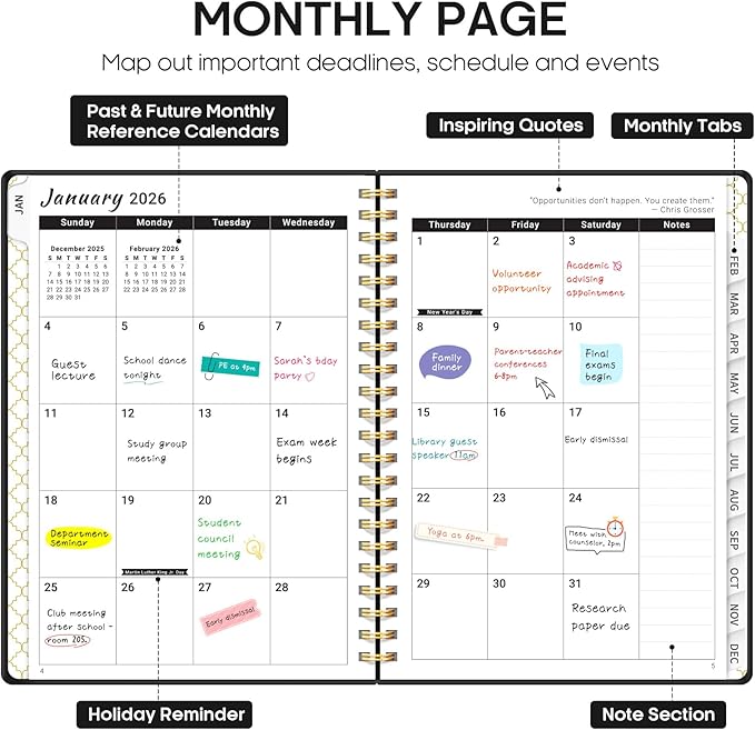 2026 Planner, Weekly and Monthly Calendar Planner, January 2026 - December 2026, Hardcover 2026 Calendar Planner Book with Tabs For Women & Men, Inner Pocket, Spiral Bound, Perfect for Office Home School Supplies - A5 (6.3" x 8.5"), Black