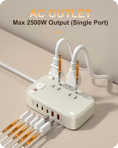 7-in-1 Power Strip, PD GaN 65W USB C Power Strip with 3 USB-C, 2 USB-A Ports and 2500W AC Outlet, Flat Plug Sleek Socket Essentials for Home/Office/College/Travel